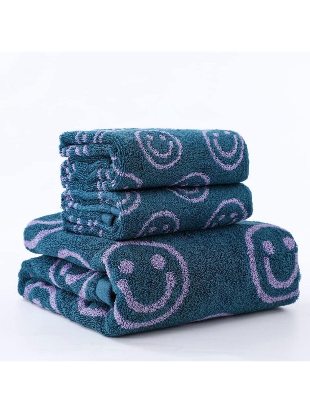 Soft 100% Cotton Luxury Smiley Face Bath Towel Set - Purple & Green Washcloths